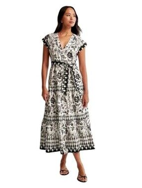 Abercrombie And Fitch Black White Floral Flower Midi Church Button Dress Medium